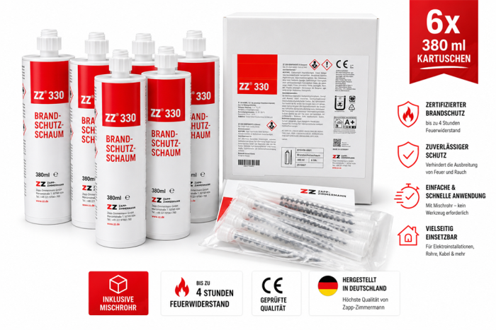 ZZ® 330 Brandschutzschaum  6 x 380 ml Kartusche, inkl. Zubehör - VE: 1